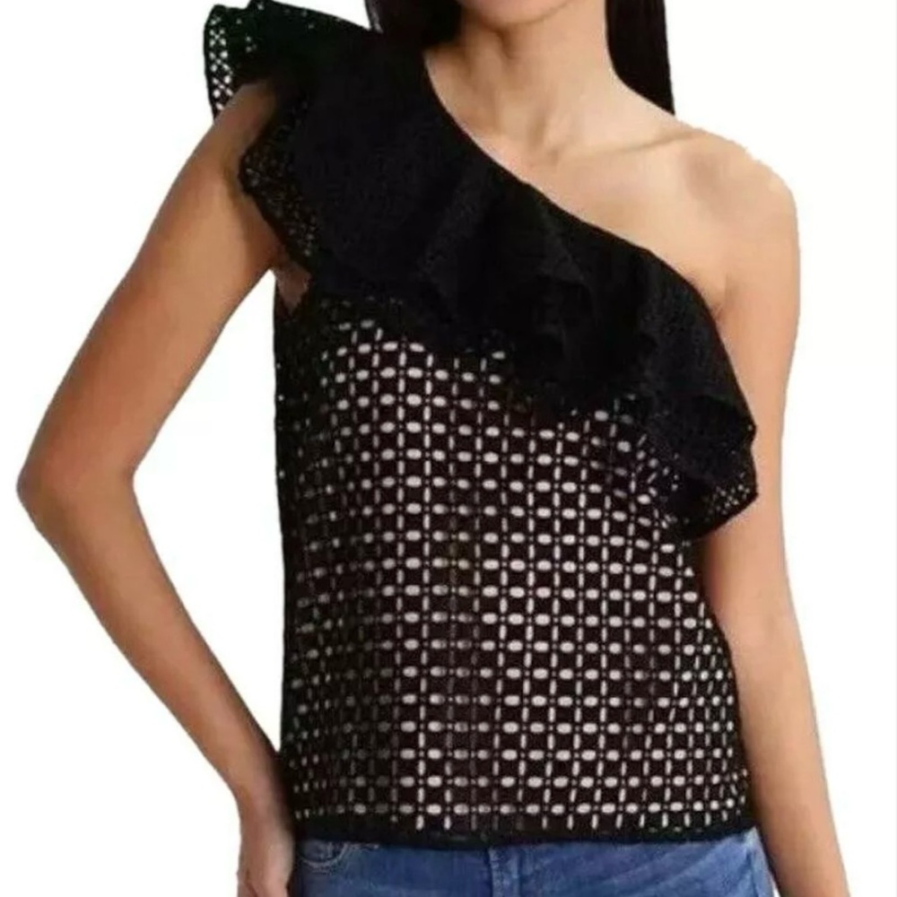 J. Crew Black One-Shoulder Ruffle Eyelet Top